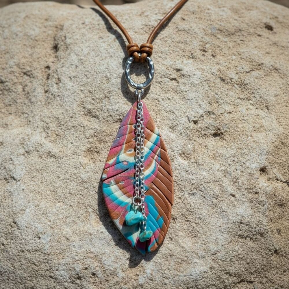 Southwestern Turquoise Feather Handmade Boho Polymer Clay Pendant Necklace